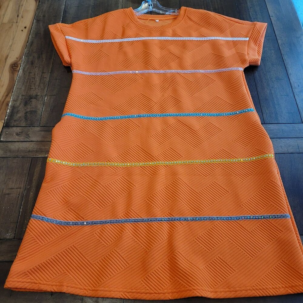 Orange Textured Short Sleeve Dress With Sequin Stripes Large